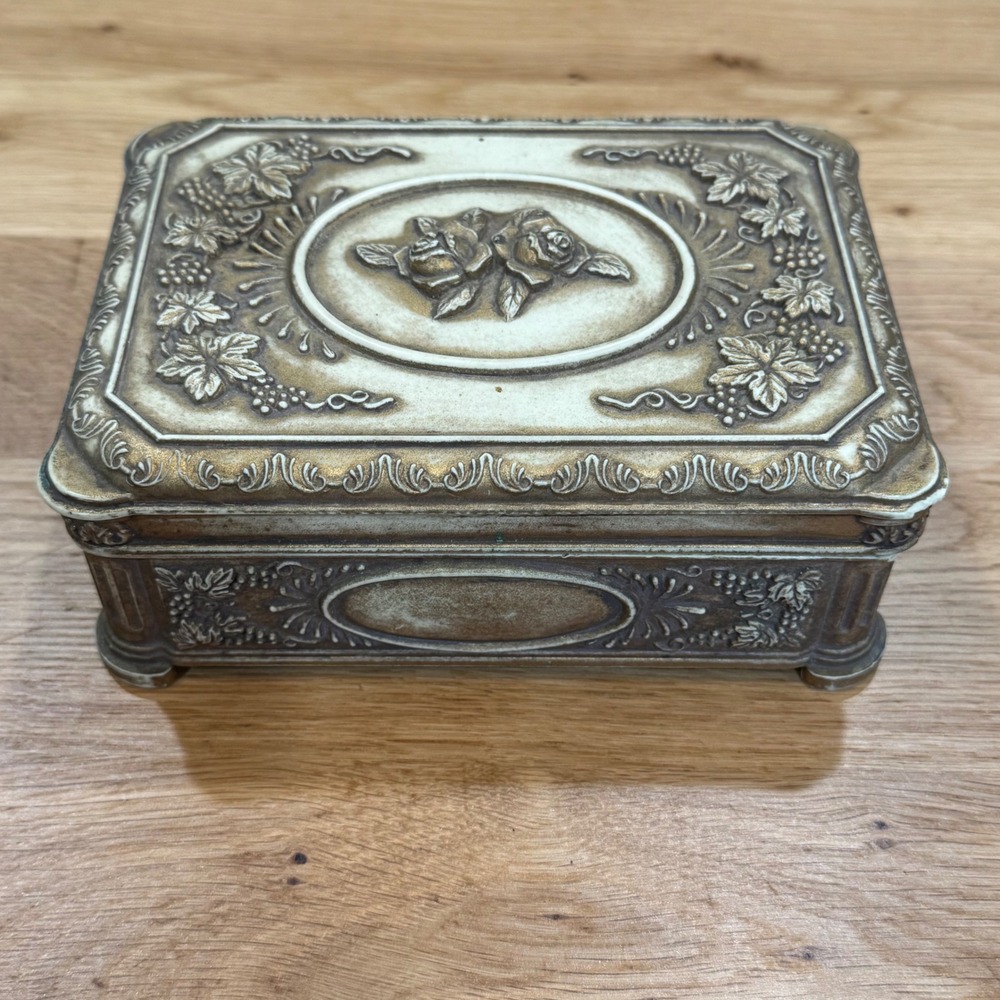 Vintage Ornate Rose and Grape Embossed Trinket Box Ivory Gold Tone Resin Velvet